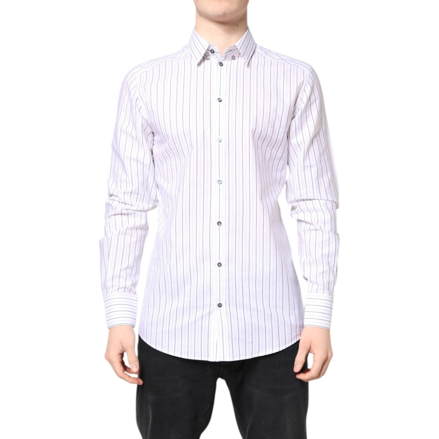 Dolce & Gabbana White Stripes Cotton GOLD Formal Dress Shirt with classic neck and long sleeves