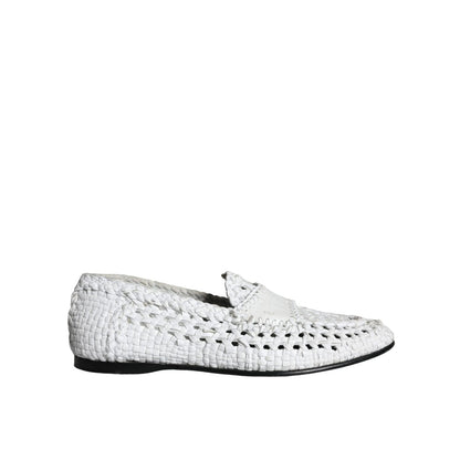 Dolce & Gabbana White Woven Leather Slip On Loafers Men Shoes side view