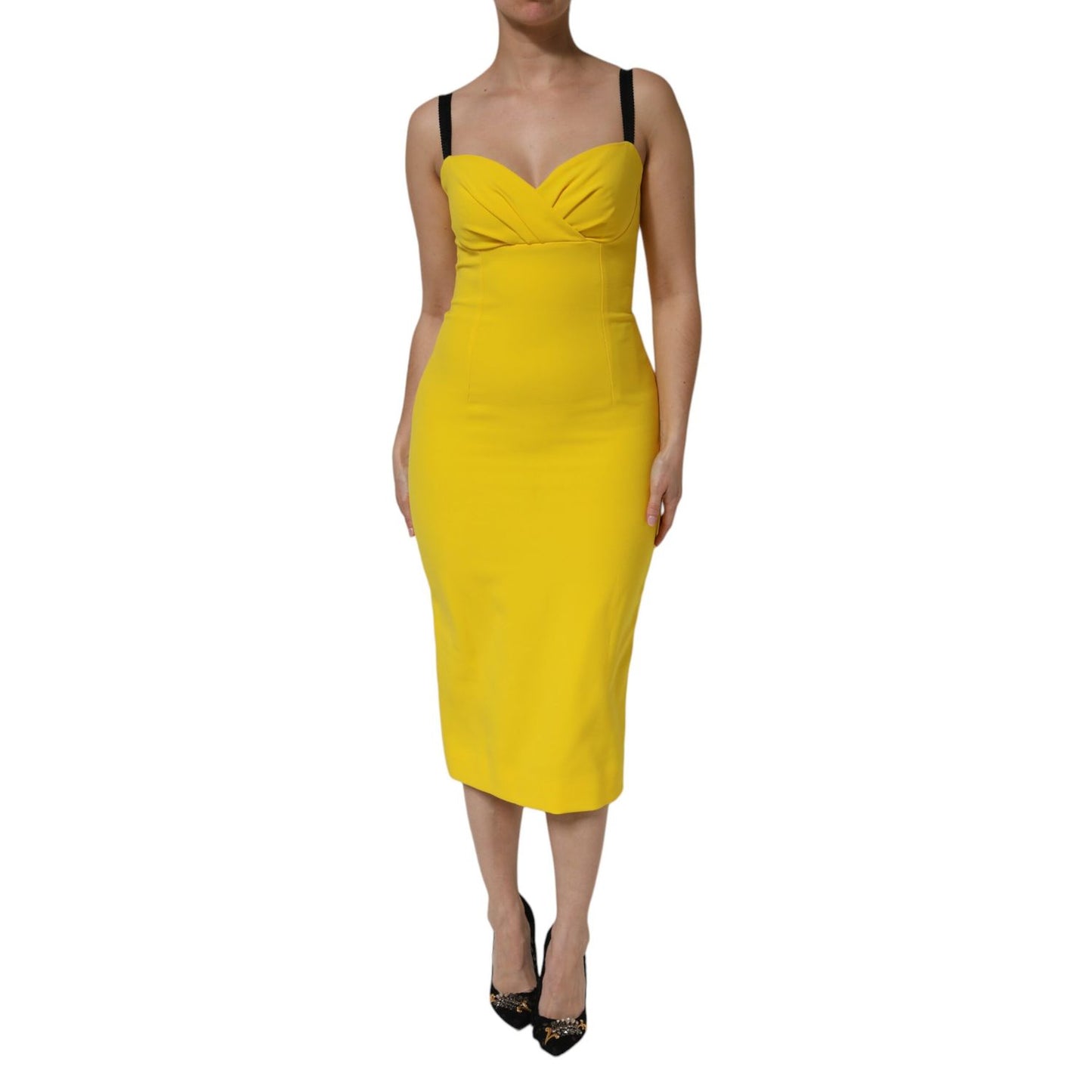 Dolce & Gabbana Yellow Polyester Sleeveless Sheath Midi Dress on model showcasing front view
