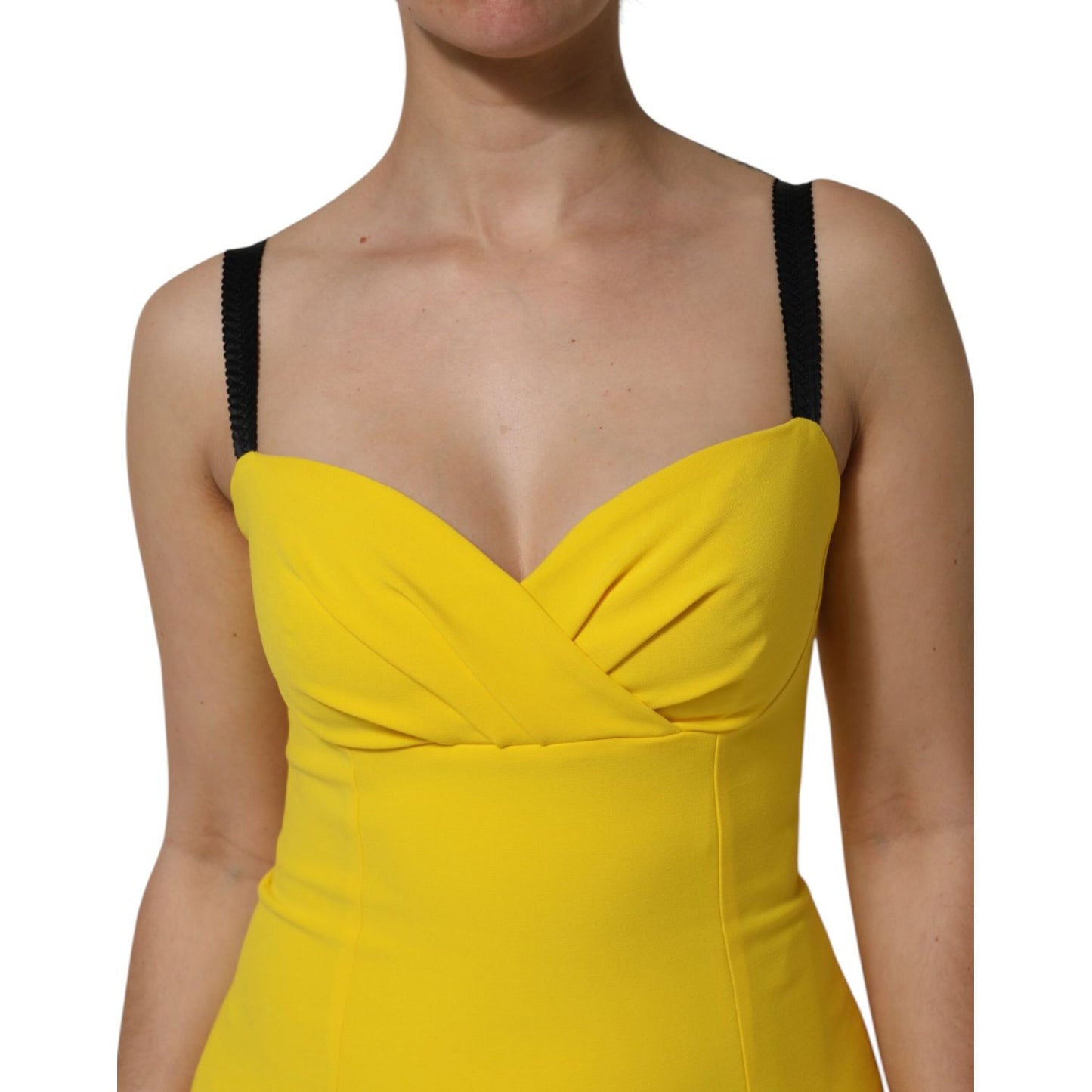 Dolce & Gabbana Yellow Polyester Sleeveless Sheath Midi Dress front view close-up with black straps and sweetheart neckline.