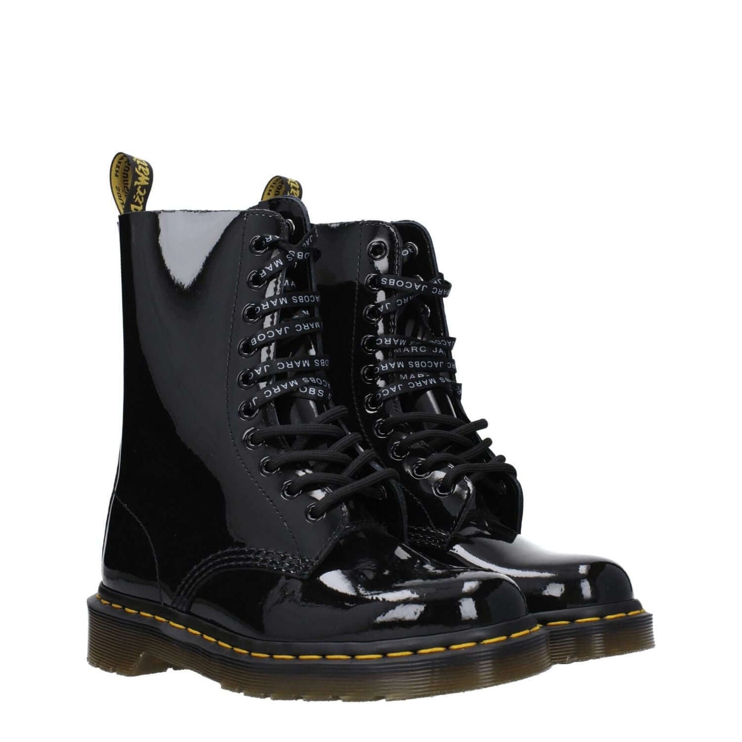 Dr. Martens Black Leather Ankle Boots with patent finish, lace-up closure, round toe, and rubber sole, style D1490MJ25005001.