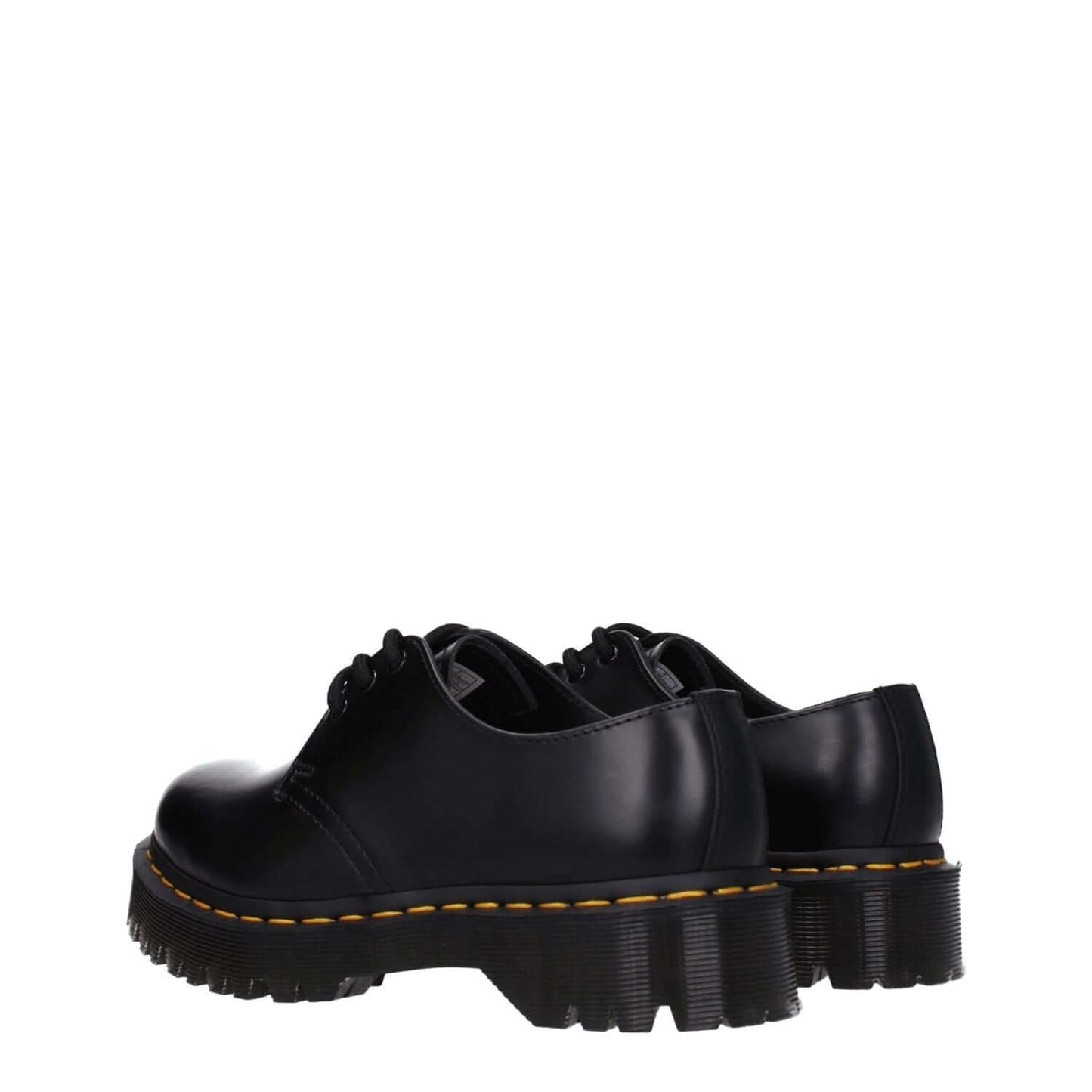 Dr. Martens Black Leather Oxfords And Derbies with lace up design, rubber sole, 3.5 cm mid heel, casual style, round toe, rear view.