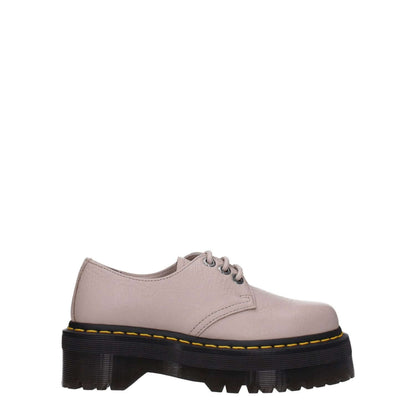 Dr. Martens Gray Leather Oxfords And Derbies, casual lace-up style with rubber sole and mid heel, gray leather with taupe accents.