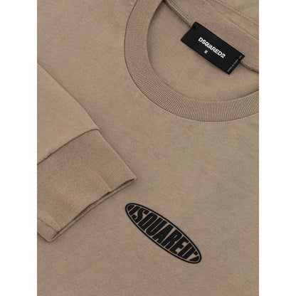 Dsquared² Beige Cotton T-Shirt with logo, crew neck, over fit, long sleeves, maxi front pocket, and side slits.
