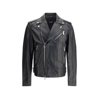 Dsquared² Black Calf Leather Bos Taurus Biker Jacket with zipper closure and snap-buttoned shoulder details.