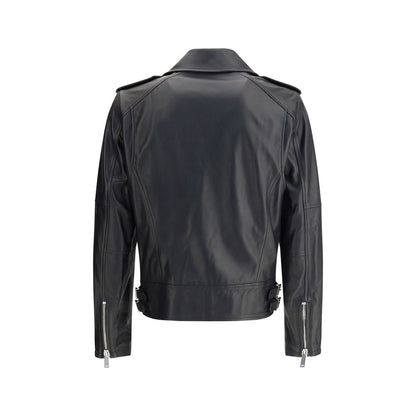 Dsquared² Black Calf Leather Bos Taurus Biker Jacket, back view showcasing double-breasted zipper and buckle straps.