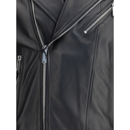 Close-up of Dsquared² Black Calf Leather Bos Taurus Biker Jacket showcasing zippers and lapel collar details.