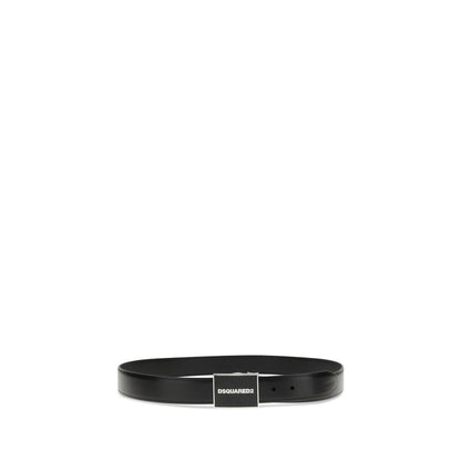 Dsquared² Black Calf Leather Bos Taurus Regular Belt with box and interchangeable buckles, featuring Dean and Dan Caten stick figures.
