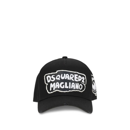 Dsquared² Black Cotton Cap (Baseball Hat) with Magliano collaboration featuring contrasting front signature and graphic side lettering.