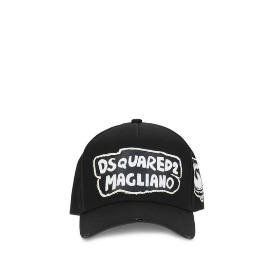 Dsquared² Black Cotton Cap (Baseball Hat) with Magliano collaboration featuring contrasting front signature and graphic side lettering.