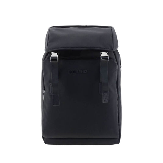 Dsquared² Black Nylon Backpack with double logoed metal clips, adjustable straps, and flap closure for stylish functionality.