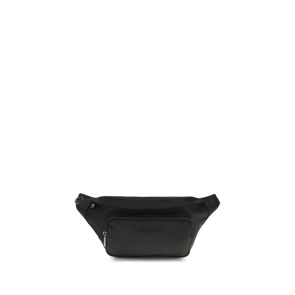Dsquared² Black Polyamide Shoulder Bag with front and back zip pockets, D-ring detail, and adjustable belt with clip closure.