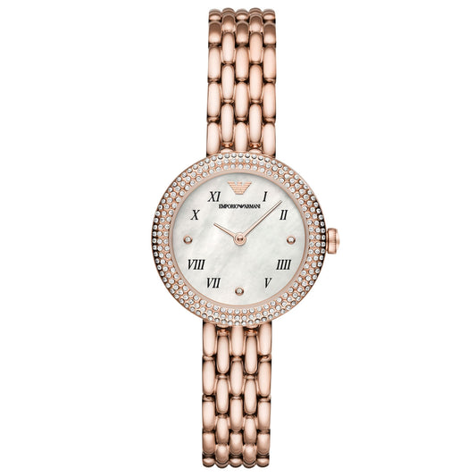 EMPORIO ARMANI MOD. AR11355 ladies wristwatch with SS IP rose gold strap, quartz movement, and mother of pearl dial.