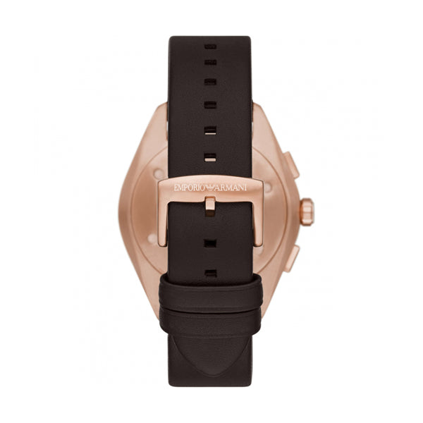 Back view of EMPORIO ARMANI Mod. CLAUDIO wristwatch with leather strap and rose gold case.