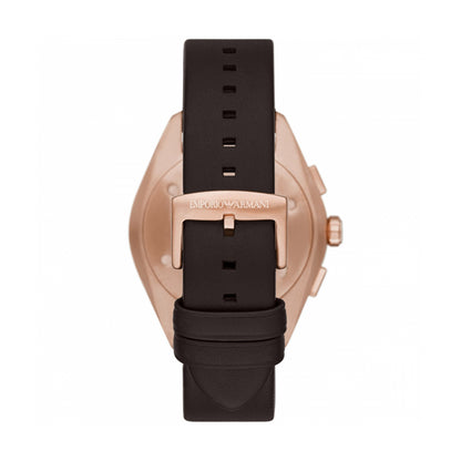 Back view of EMPORIO ARMANI Mod. CLAUDIO wristwatch with leather strap and rose gold case.