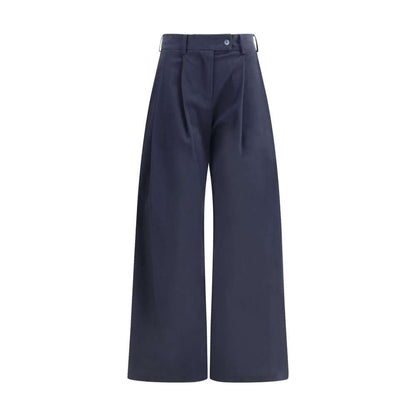 Ella Blue Cotton Casual Pants featuring wide leg, front pleats, button closure, and side pockets. AW25 collection regular fit.