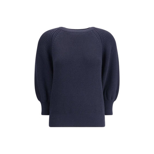Ella Blue Merino Wool Sweater with chunky knit, ribbed crewneck, ideal for cold weather style and comfort, AW25 season.