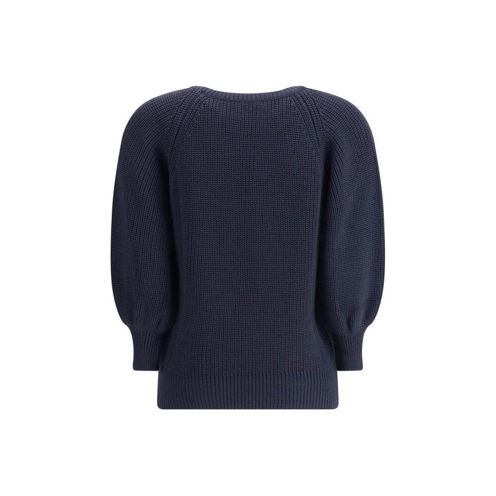 Ella Blue Merino Wool Sweater back view with chunky knit and ribbed design, perfect for winter style and comfort.