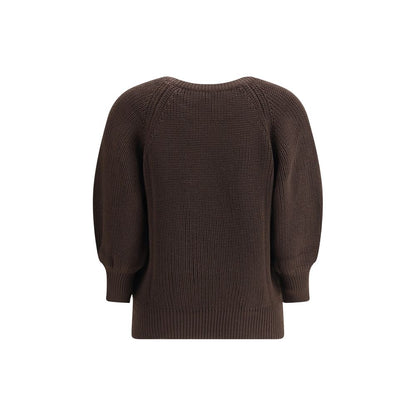 Ella Brown Merino Wool Sweatshirt with ribbed crewneck and cuffs, back view showcasing chunky knit design, AW25 collection.