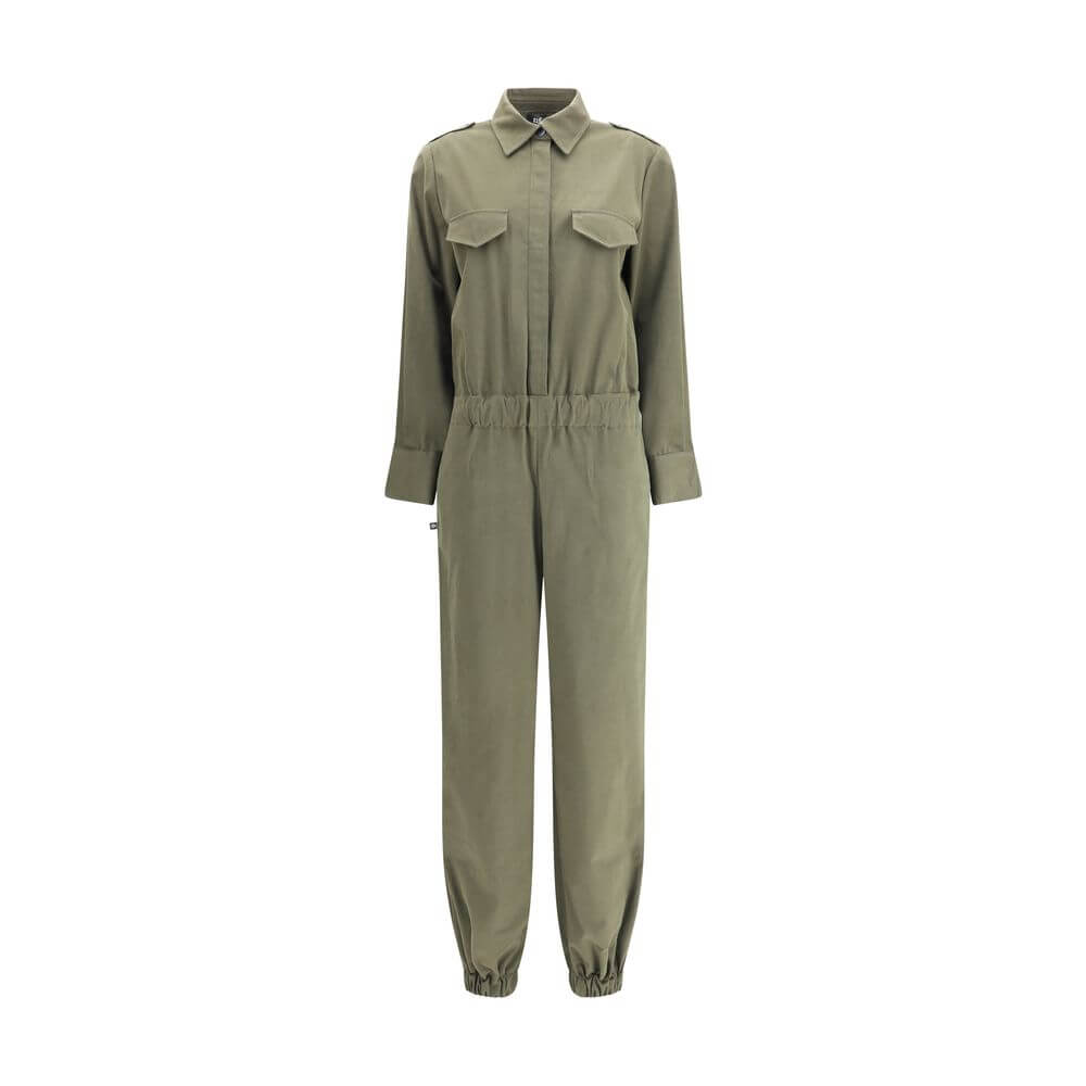 Ella Green Cotton Jumpsuit with concealed button, classic collar, and front welt pockets. Perfect for a modern, versatile look.