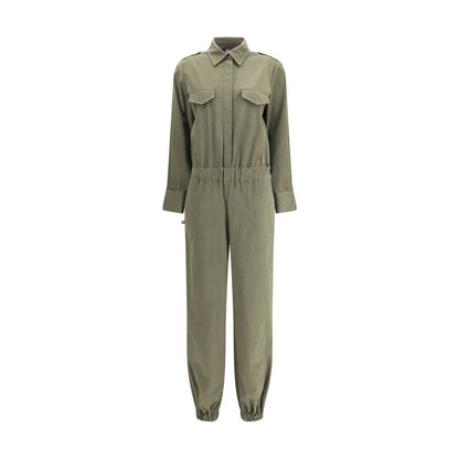 Ella Green Cotton Jumpsuit with concealed button, classic collar, and front welt pockets. Perfect for a modern, versatile look.