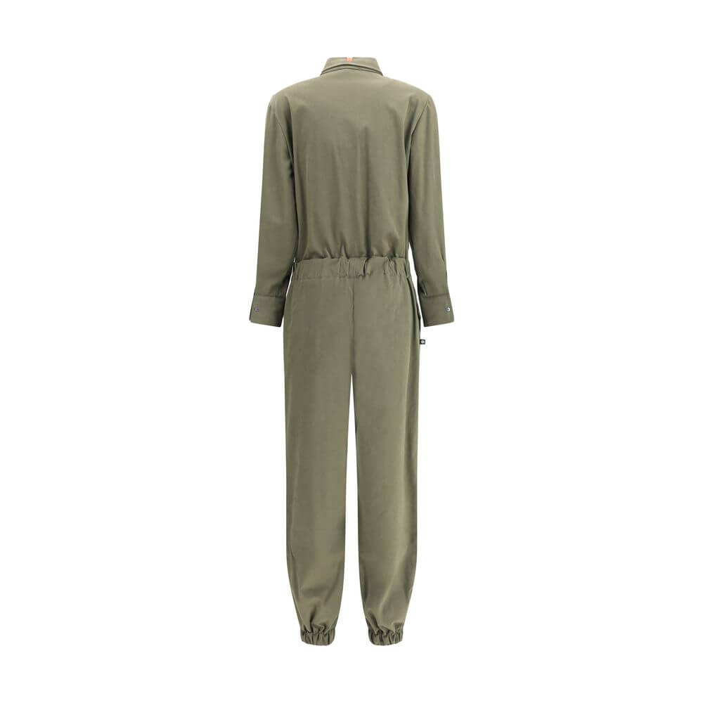 Back view of Ella Green Cotton Jumpsuit featuring elastic waistband and cuffs for a tailored fit.