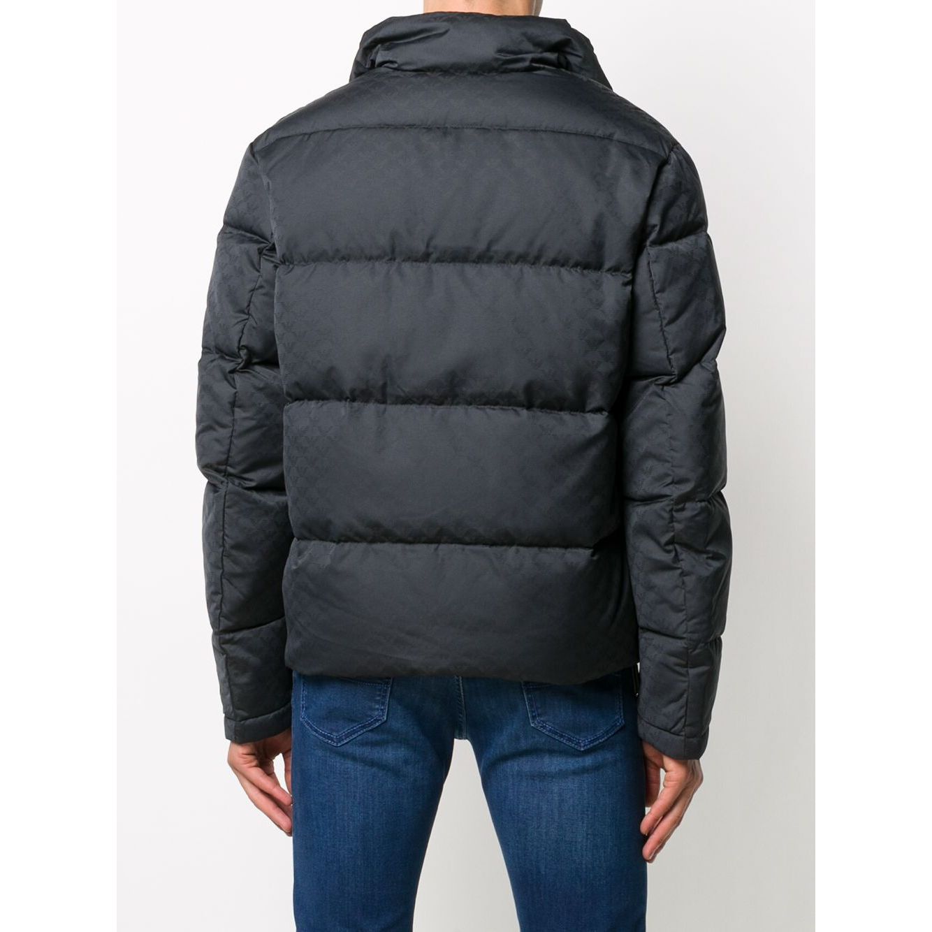 Back view of Emporio Armani Coats Blue featuring dark blue padded design with front zip and press-stud fastening, and two side slit pockets.