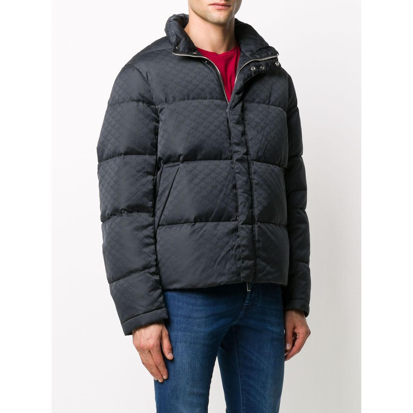 Emporio Armani Coats Blue - Dark blue padded nylon jacket with front zip and press-stud fastening, long sleeves, and side slit pockets.