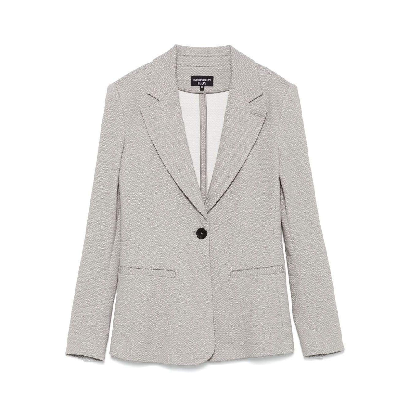 Emporio Armani Icon Blazer in light grey with front button fastening and shoulder pads, featuring two side welt pockets and buttoned cuffs.
