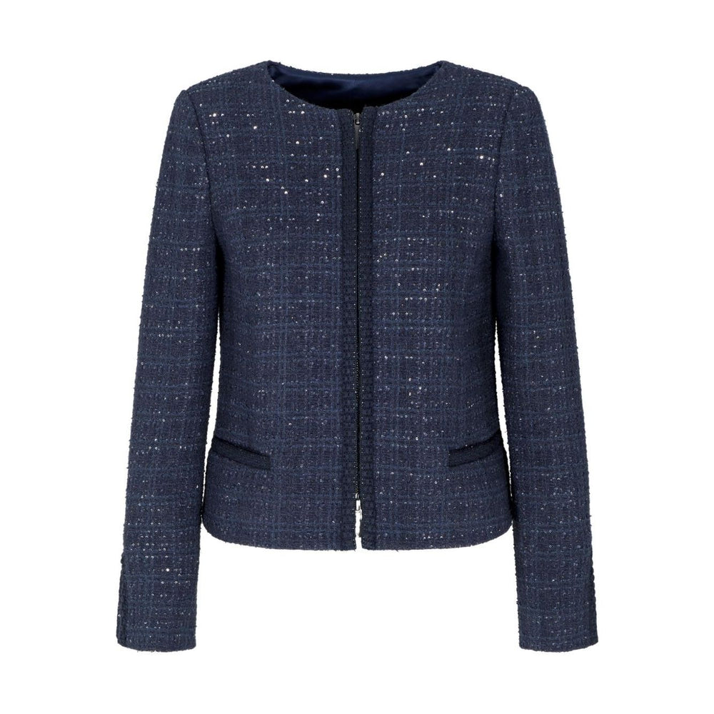 Emporio Armani Jackets Blue - navy blue sequin embellishment, tweed texture, wool blend blazer, front zip fastening, long sleeves.