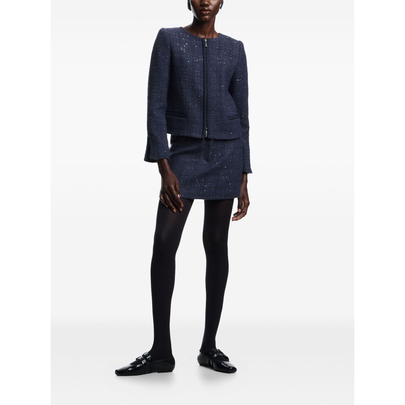 Emporio Armani Jackets Blue - Navy blue blazer with sequin embellishments, tweed texture, and zip fastening.
