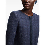 Woman wearing Emporio Armani Jackets Blue with navy blue tweed texture and sequin embellishments, showcasing front zip fastening and long sleeves.