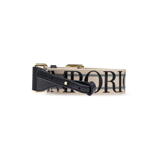 Logo shoulder strap from the Emporio Armani MyEA shopping bag with black text on beige background.