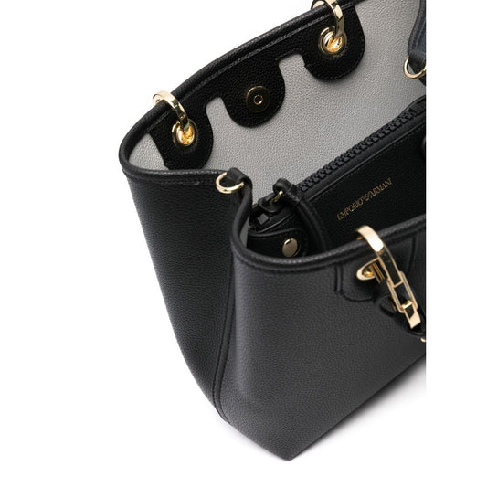 Emporio Armani MyEA small shopping bag in black faux leather with gold-tone hardware and adjustable shoulder strap, open view showing interior compartments.