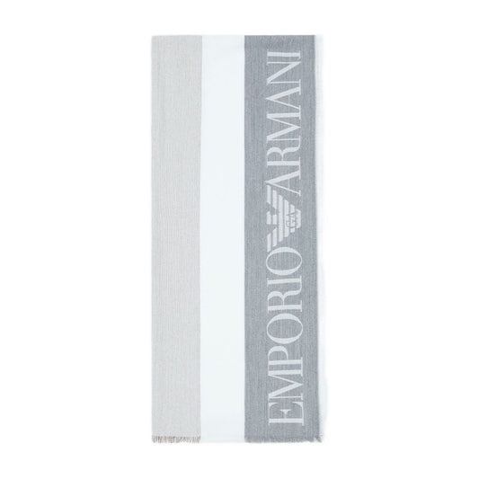 Emporio Armani Stole with multicoloured vertical bands featuring grey logo, jacquard design, and fringed edges.