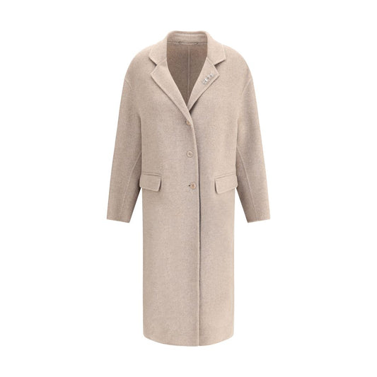 Ermanno Scervino Beige Wool Coat with rhinestone pins, classic lapels, V-neckline, above-ankle length, and welt flap pockets.