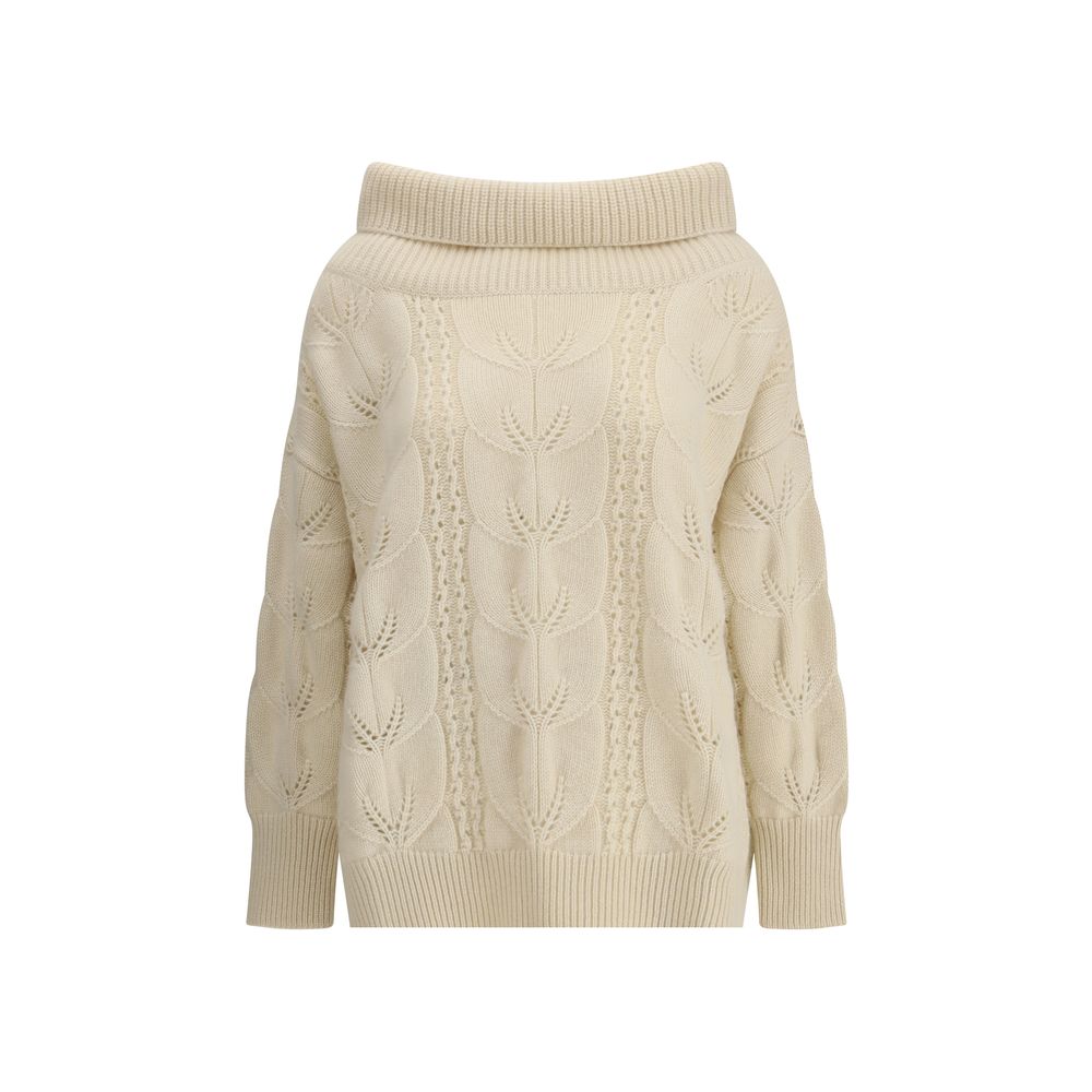 Ermanno Scervino Cream Cashmere Sweatshirt with perforated design and ribbed collar, cuffs, and hem, AW25 season.