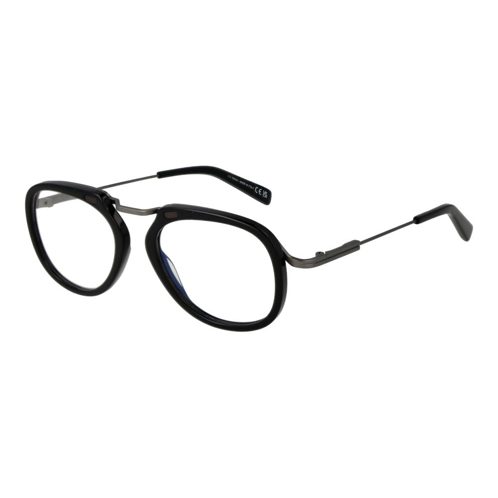 Ermenegildo Zegna Black Men Glasses Frame in full-rim round style with plastic construction, size 52-18-150, includes branded case.
