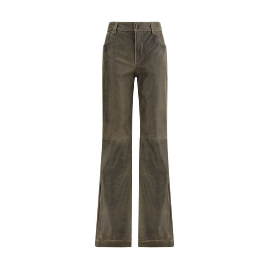 Etro Brown Leather Pants with mid-rise waist, zip-button closure, and five-pocket design for a stylish, regular fit. Composition: 100% Leather.