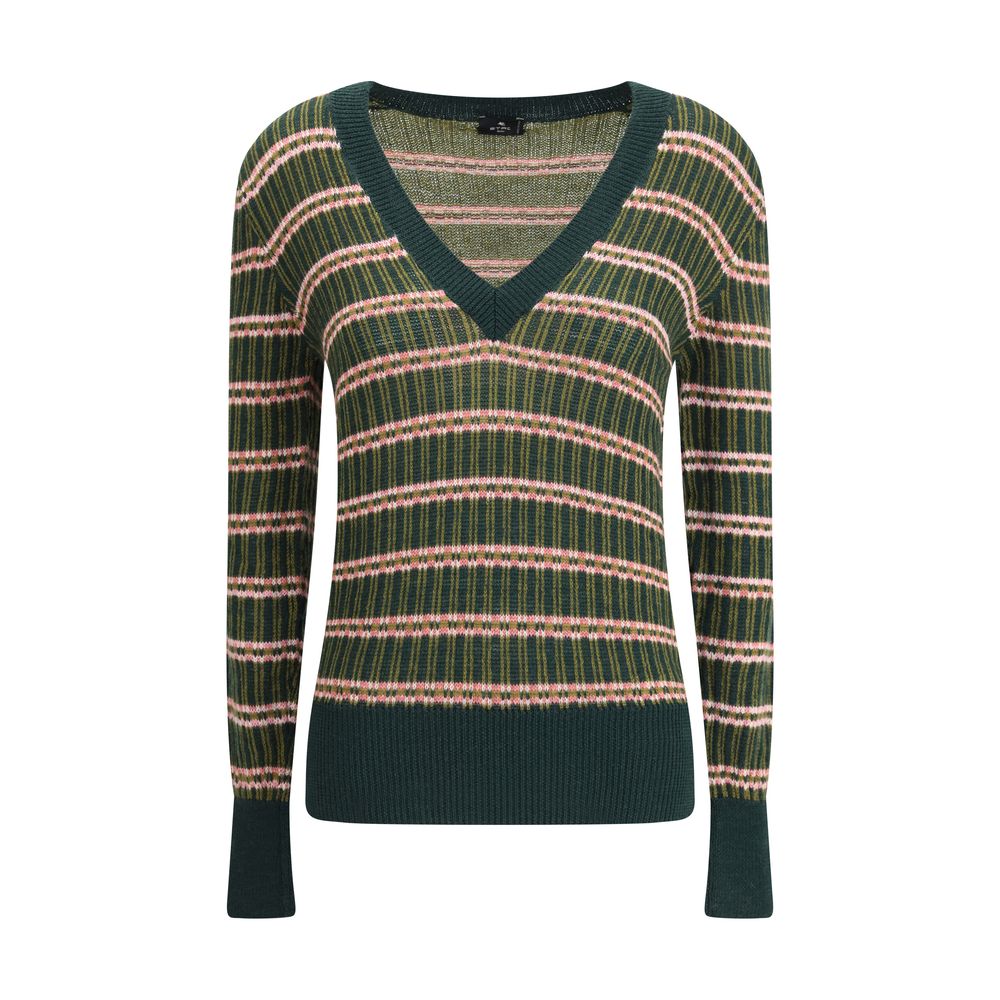 Etro Green Wool Sweatshirt with multicolored jacquard pattern, V-neckline, and contrasting ribbed trim on cuffs and hem.