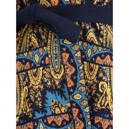 Rich patterned detail of Etro Multicolor Cotton Cardigan with matching waist sash, showcasing the vibrant eclectic design and colors.