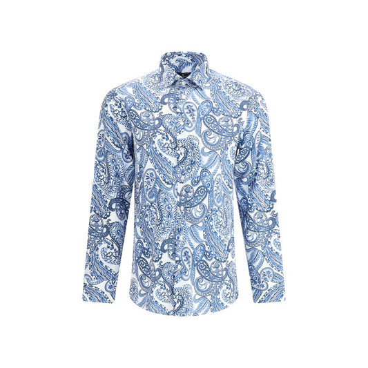 Men's Etro Paisley print Shirt in blue with French collar, double-button cuffs, and front button closure, made in Italy, 100% cotton