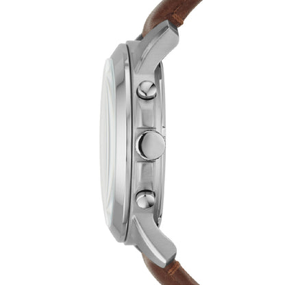 Side view of FOSSIL WATCHES Mod. FS4813, stainless steel case, leather strap, showcasing chronograph buttons.