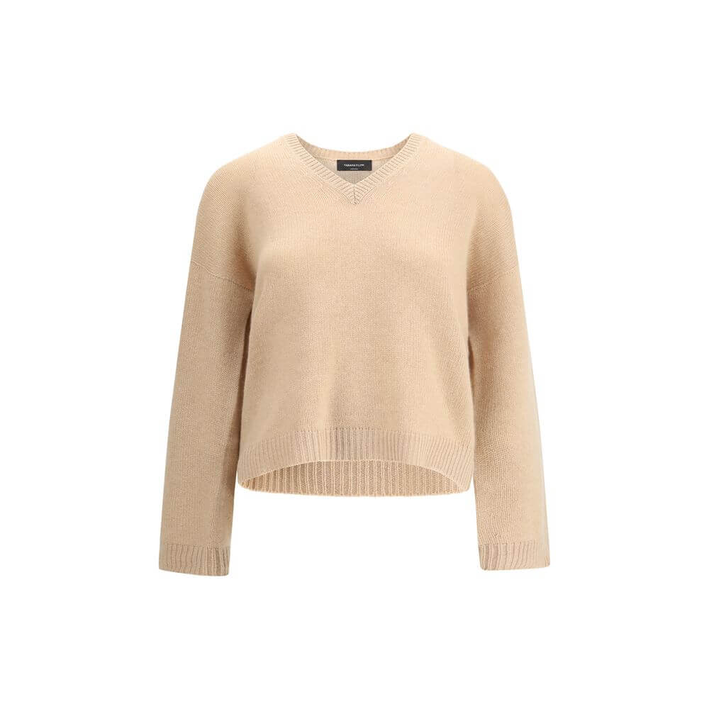 Fabiana Filippi Beige Cashmere Cashmere Sweater with ribbed V-neck, hem, and cuffs, offering elegance and comfort for AW25 season.