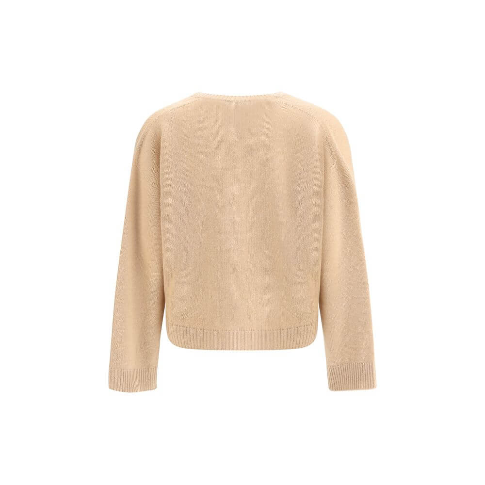 Back view of Fabiana Filippi Beige Cashmere Cashmere Sweater with ribbed hem and cuffs, showcasing elegant design and luxury fabric.