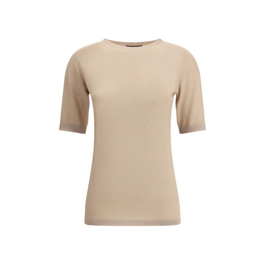 Fabiana Filippi Beige Cashmere T-Shirt, featuring ribbed crew neck and hem, 70% Kashmir and 30% Silk for AW25 season.