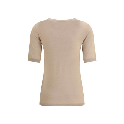 Fabiana Filippi Beige Cashmere T-Shirt with ribbed crew neck and hem, made from soft cashmere and silk blend for a refined look.