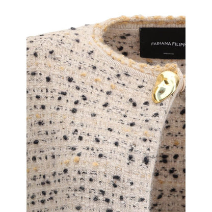 Close-up of Fabiana Filippi Multicolor Fleece Wool Coat with tweed pattern and golden button.