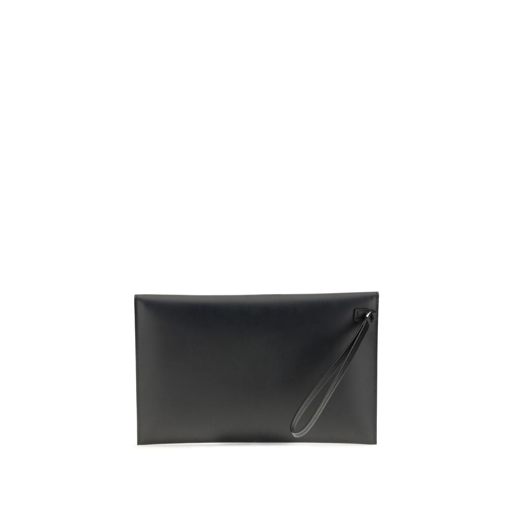 Fendi Black Leather Clutch Bag with cuff handle and sleek design, featuring a snap-button closure and interior card slots for organization.