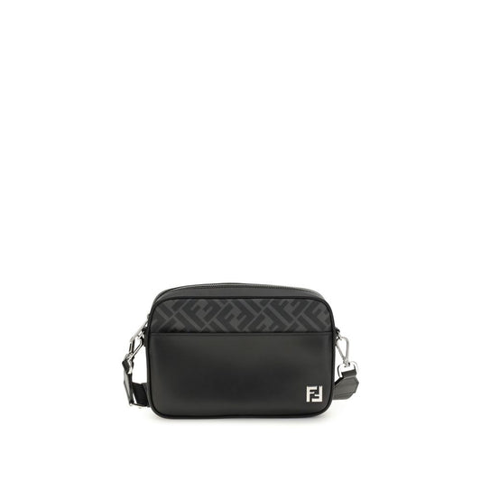 Fendi Black Leather Shoulder Bag with FF logo, exterior pocket, and adjustable strap. Elegantly crafted in smooth leather and FF Canvas.
